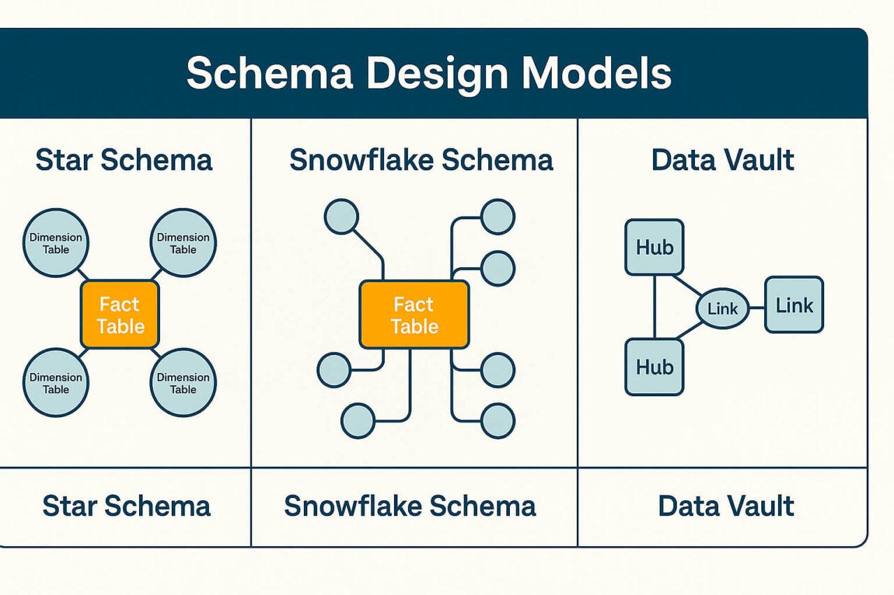 Schema design models: star, snowflake schema, and data vault.